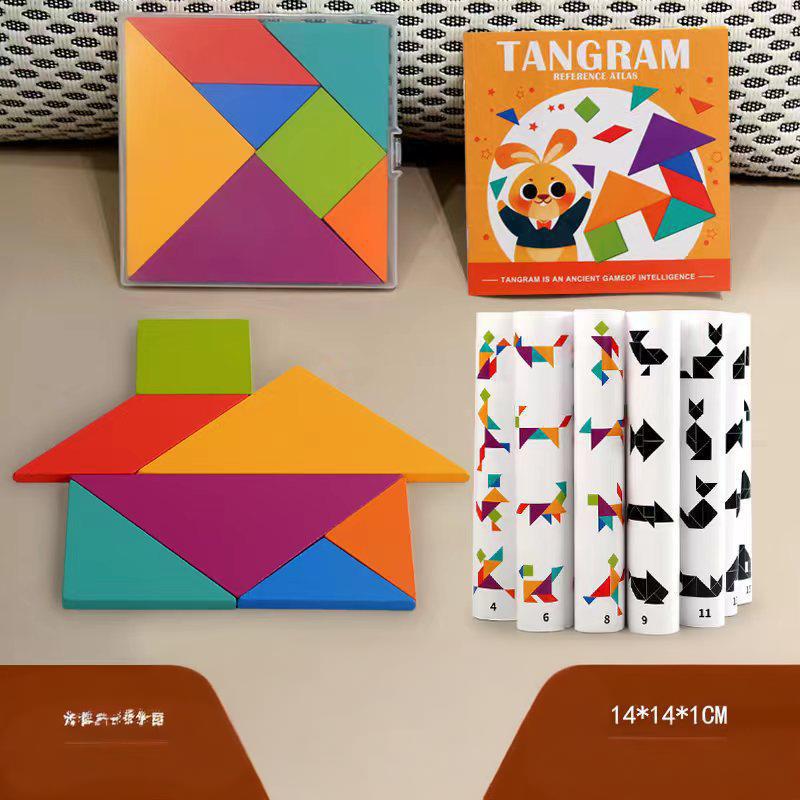 Puzzle de tangram de 14cm dans la boîte + manuel d'instruction + blocs en bois