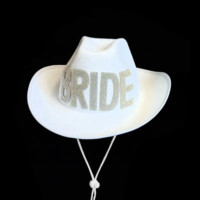 Sombrero de vaquero de fieltro blanco para novia, sombrero de novia con letras de cristal ostentosas, decoraciones de boda, despedida de soltera