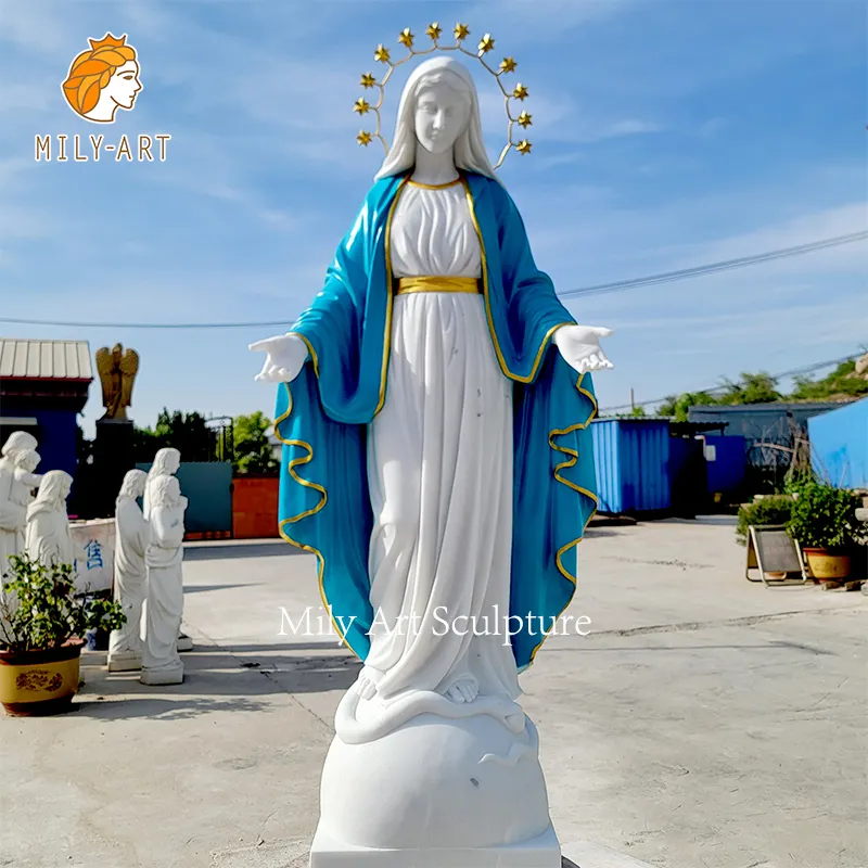 Personalizzato a grandezza naturale multicolore statua vergine maria con stella Halo in marmo scultura religiosa