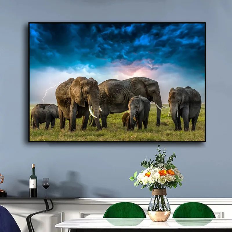 Graffiti de parede para decoração de casa, pintura em tela para quarto de crianças, elefante africano, mãe e crianças, desenho em aquarela, arte de parede, fotos