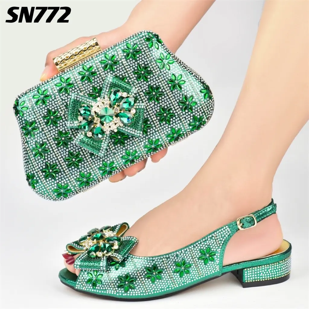 New fashion green paillettes italian shoes match bag 2022 PU leather ladies shoes for evening party