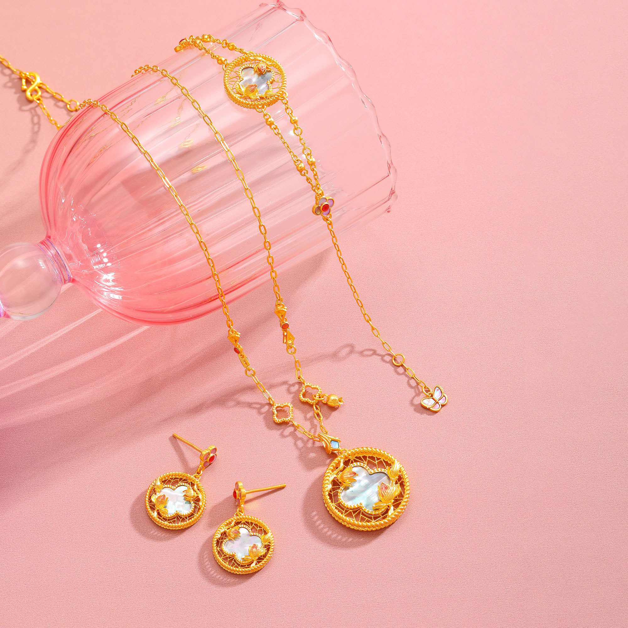 24K gold Magnolia Flower Jewelry Set-33.95g