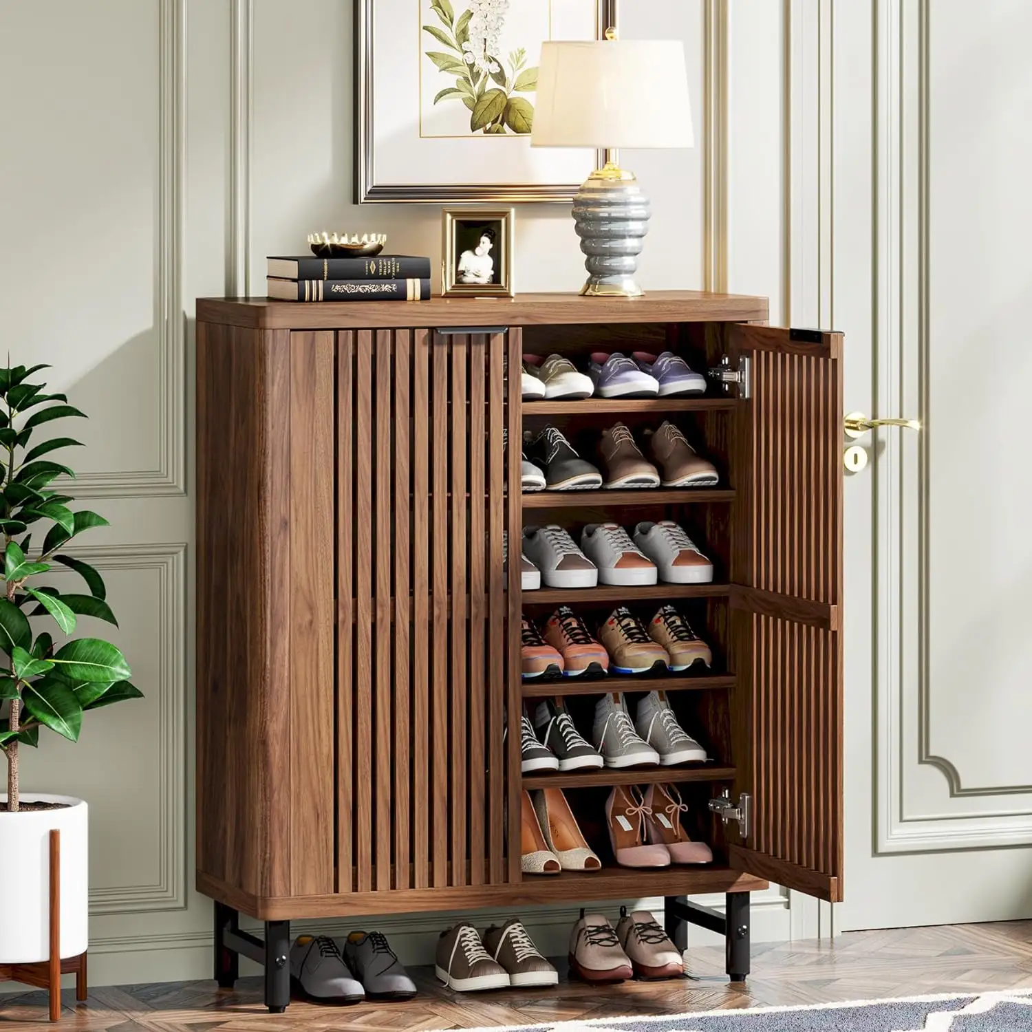 Armário de madeira grande para sapatos, armário para sapatos de 6 camadas com portas com persianas