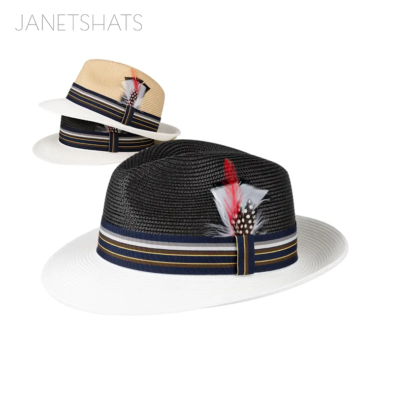 Chapéu de praia com penas para homens, chapéu de palha tricolor Fedora de verão com listra de aba larga e canelas em dois tons personalizado com penas