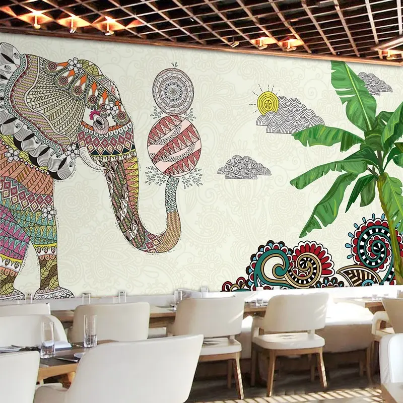 Zuidoost Aziatische Thai Stijl Achtergrond Wanddecoratie Behang Etnische Stijl Olifant Muurschildering Thai Restaurant Behang