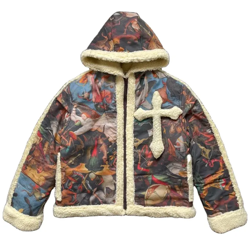 DiZNEW Hochwertige benutzer definierte Herren jacken Winter Print Kapuzen mantel Extra warme Jacke mit abnehmbarem Kreuz aus Lamm wolle gefüttert