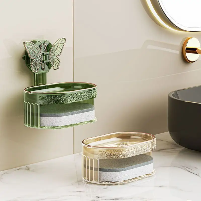 Badezimmer saugbecher Seifenhalter schmetterlingsform doppelschichtige Seifenbox Dusche Seifenhalter-Dish mit Schwamm und Drainage