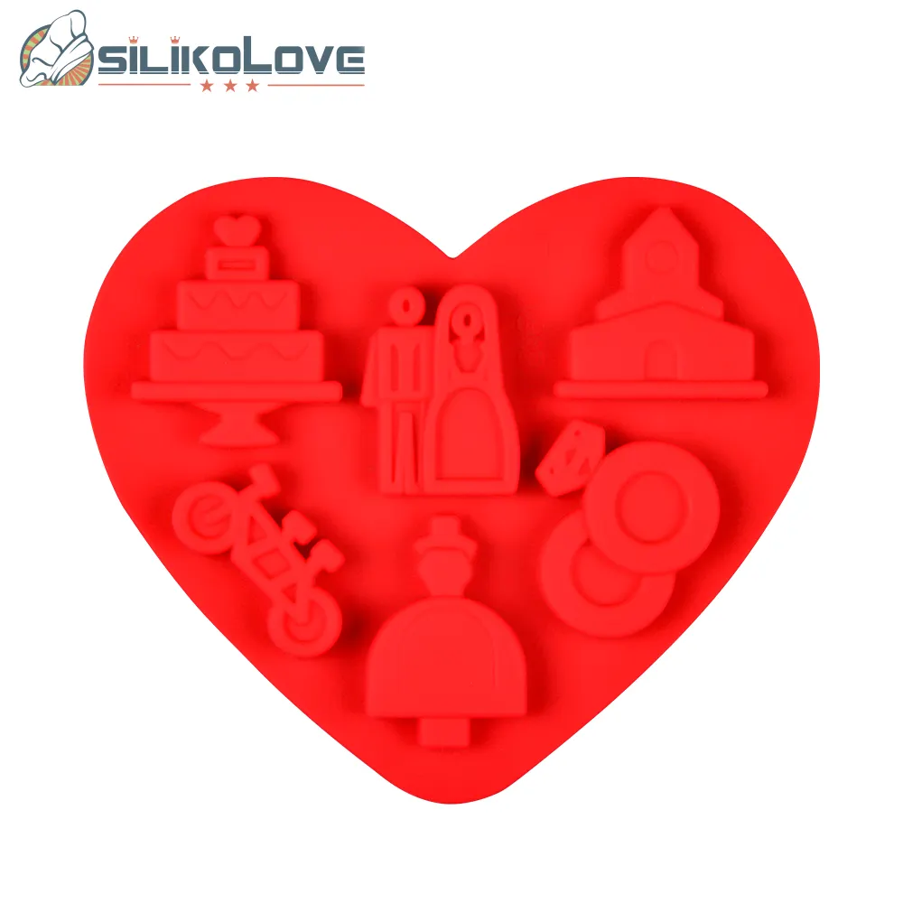 Mini cuore silicone pasticceria per matrimoni decorazione per cioccolato stampo per fedi nuziali, abito, torta, torre, forma di bicicletta