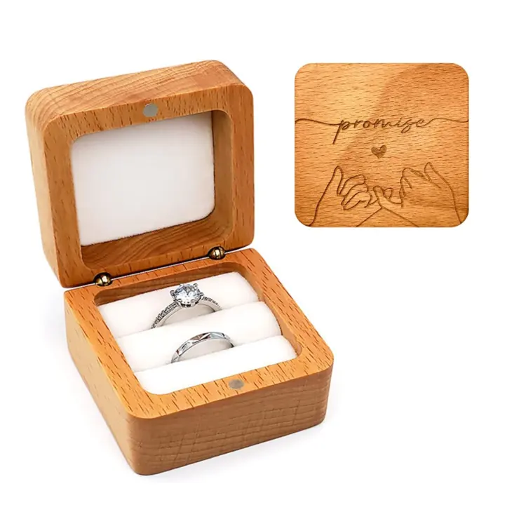 Scatola portaoggetti quadrata in legno massello con doppio anello scatola incisa con anello in legno ribaltabile