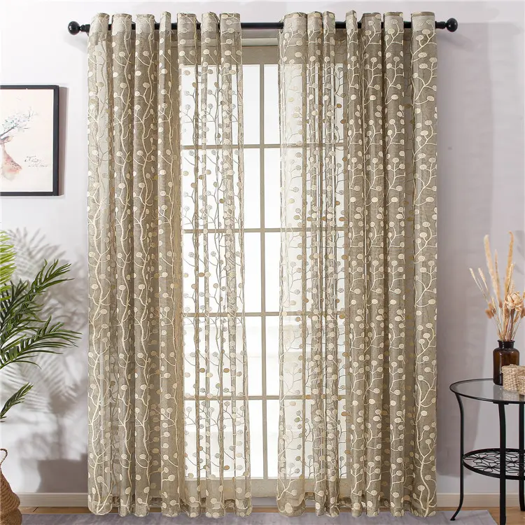 High Quality European Style Gold 54x84 Faux Linen Embroidered Living Room Window Sheer Curtains
