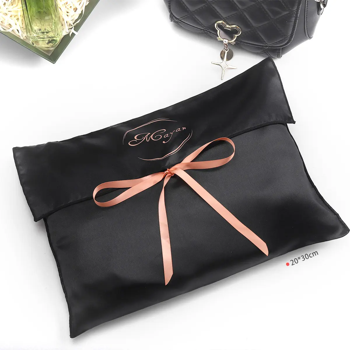 Bolsa de cetim para presente, bolsa de seda preta com envelope e bolsas, sacola de cetim com zíper para embalagem, com logotipo personalizado, novidade