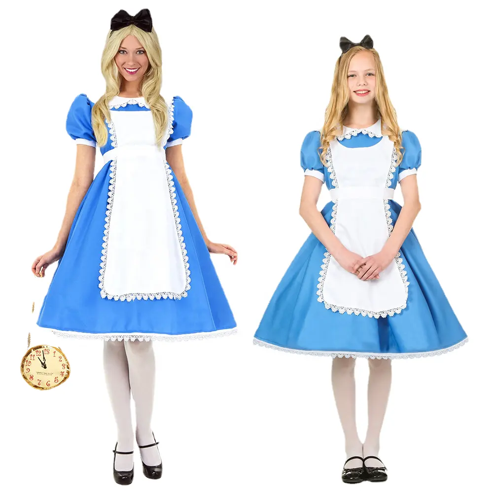 Anime Maid Princess Deluxe Blue Glittering Halloween Dress con delantal Bow Hair Band para adultos y niños