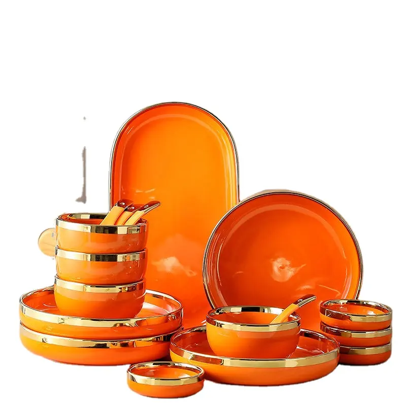 Ensemble de vaisselle élégante en porcelaine orange pour 2/4 personnes, 29 pièces, pour Restaurant, hôtel