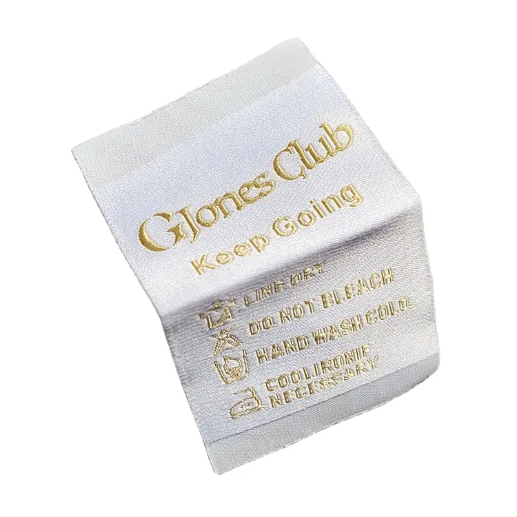 Etiqueta de tecido de cetim reciclado para roupas, etiqueta de tecido de qualidade com logotipo de marca personalizada diretamente de fábrica, etiqueta de tamanho para roupas