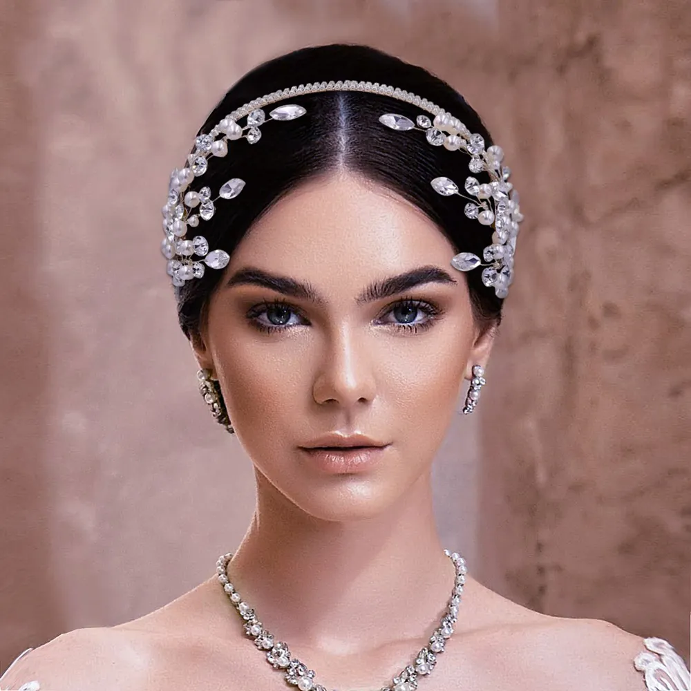 Shiny Handmade Bridal Diamond Headband Wedding Dress Pearl Hair Accessories Jewelry For Ladies NE1025