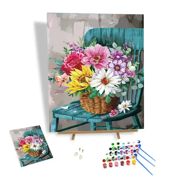 Gran oferta, Kit de pintura Diy por números, cesta de flores en la silla, pintura personalizada por números para adultos, decoración del hogar