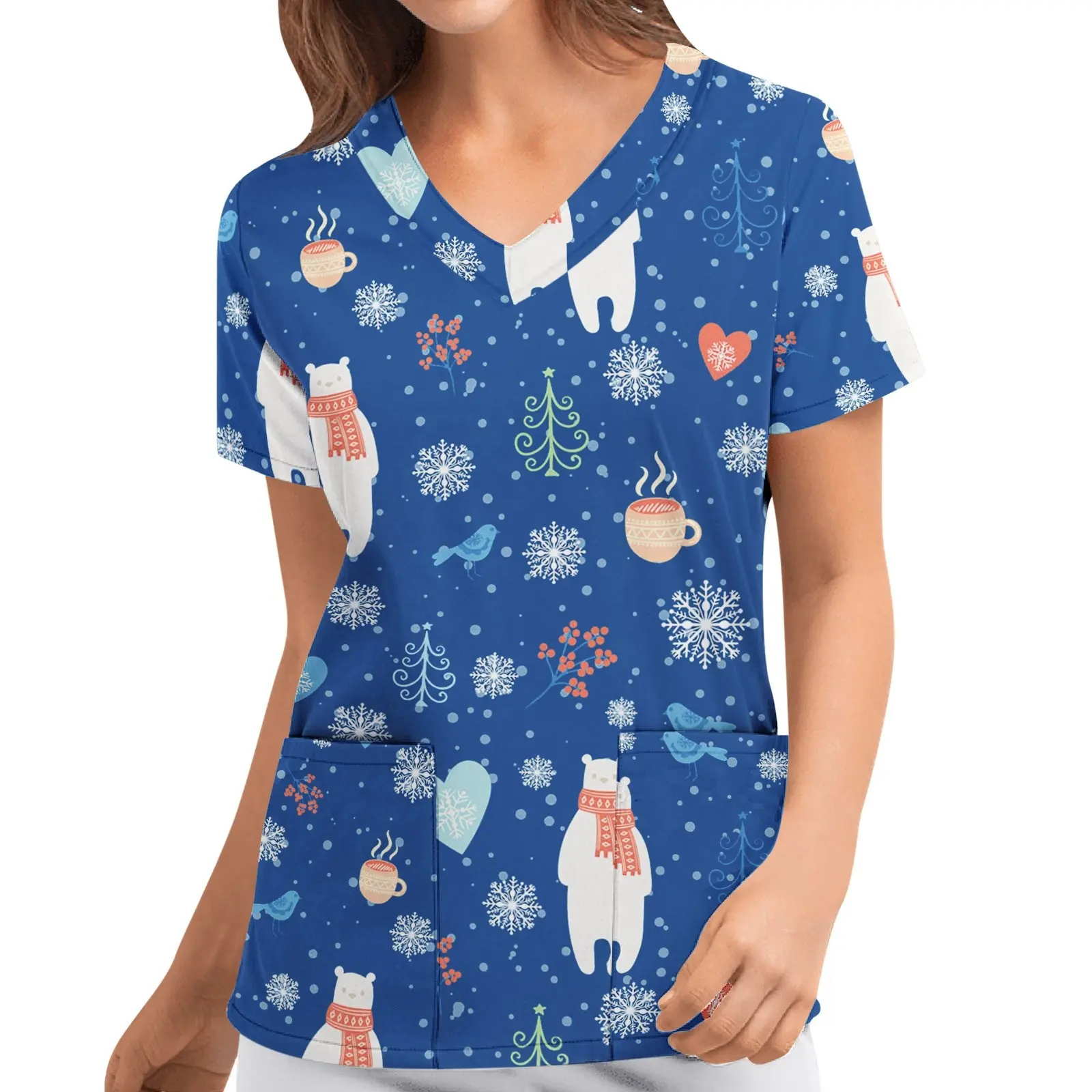 Nursing Scrubs Tops Women Merry Christmas Print Short Sleeve V-neck Medicine Uniform Nurse Tops Working Uniform Nursing Blouse