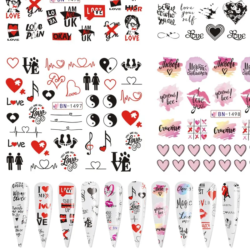 Pegatinas de uñas de dibujos animados para el Día de San Valentín, globo de oso de amor dulce, rosa, vestido de boda, calcomanías al agua para uñas, pegatinas para uñas