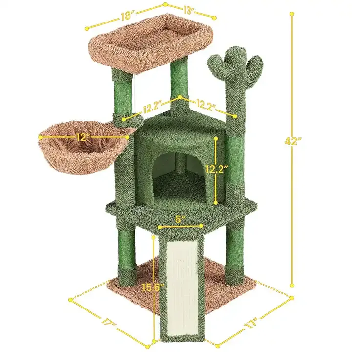 Petdom屋内猫快適なコンドミニアムハンモックナチュラルサイザル麻サボテン猫の木ぶら下がりベルボールパッド入りトップパーチ付きかわいい猫の塔