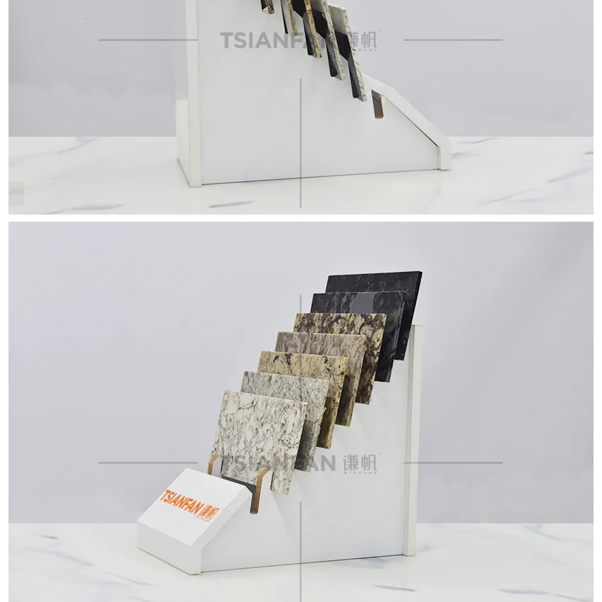 Wholesale Trapezoid Custom Wood Marble Granite Tile Sample Display Tabletop Stand Acrylic Stone Tablet Rack