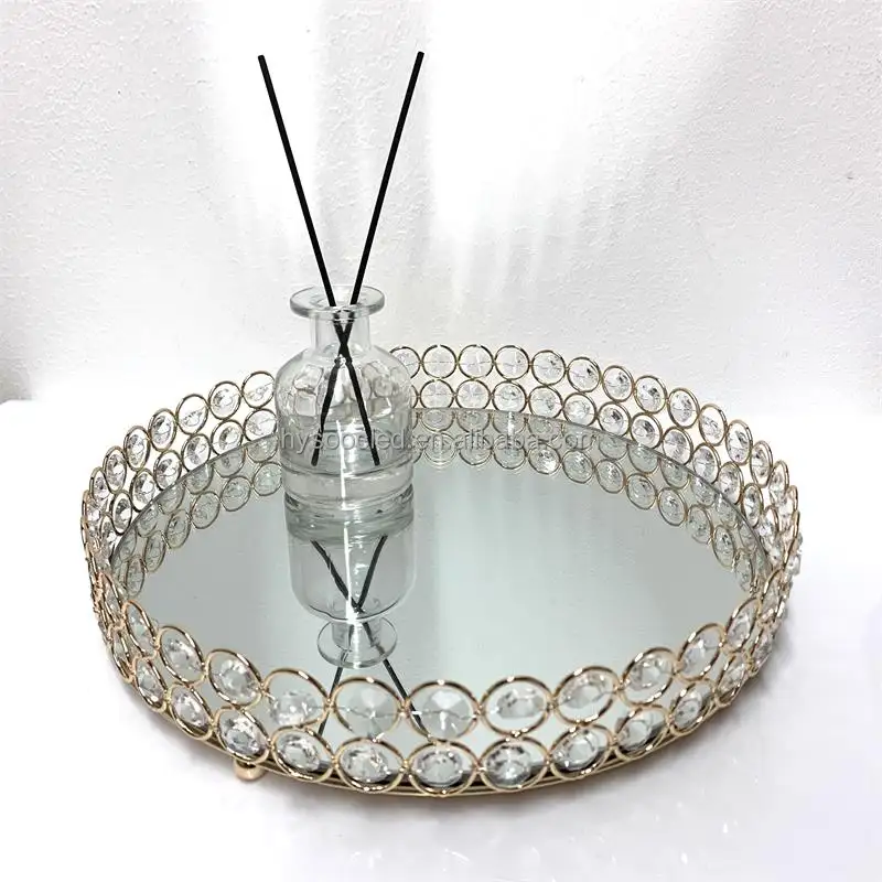 Crystal Golden Mirror Tray Metal Mirror Tray Home Decor Fruit Plate Jewelry Display Serving Decorative Mirror Tray Storage Table