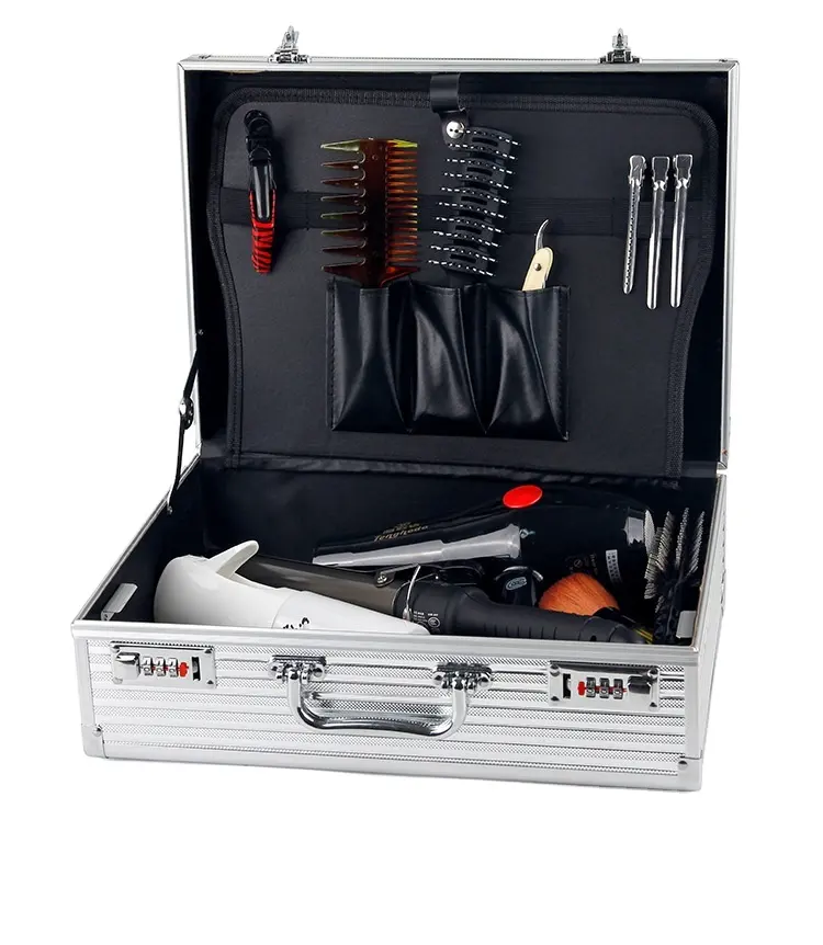 Barber Products Barber Case Clipper Bag Blanco y negro, Kit de cabello Caja de herramientas Organizador de aluminio con asa portátil y seguro