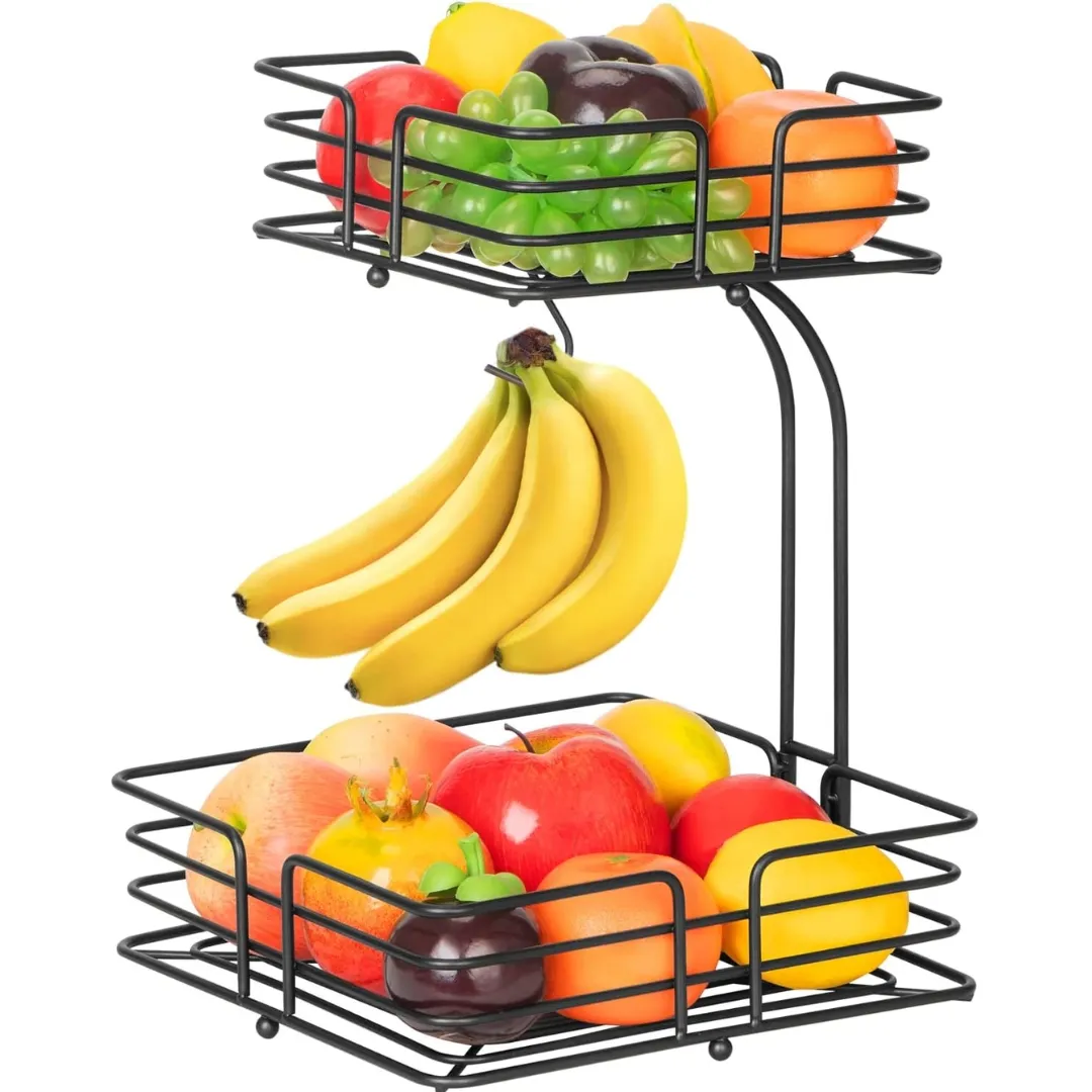 Black 2 Tier Countertop Fruit Basket Legumes Bowl Armazenamento Com Cabide De Banana