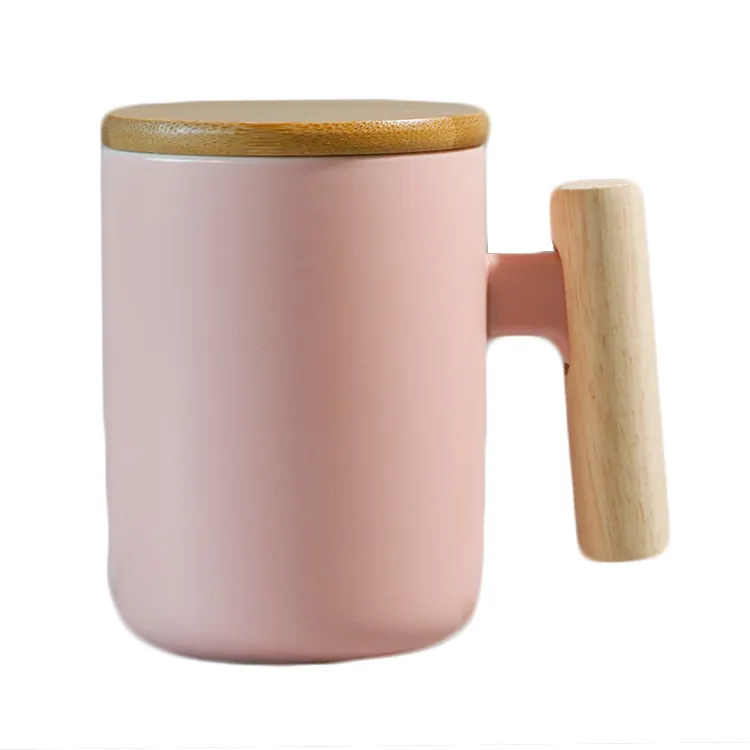 Tasse à thé personnalisée émaillée de couleur, tasse à café en porcelaine avec couvercle et poignée en bois