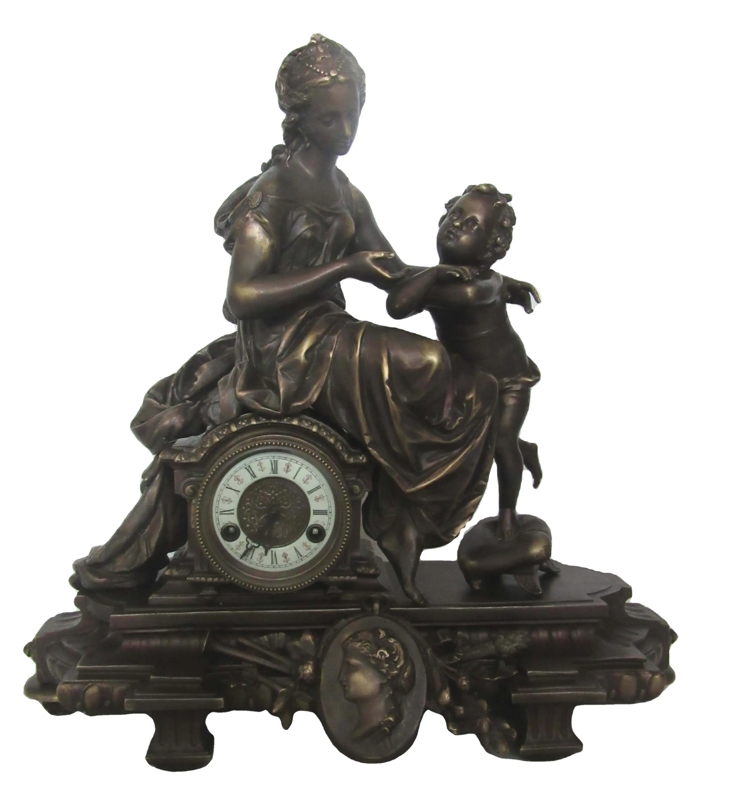 Антикварные латунные часы Mom & сын, механические винтажные настольные часы/часы на мраморной основе