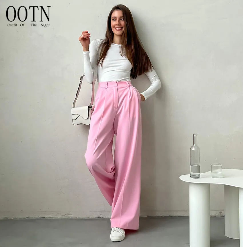 OOTN-pantalones de pierna ancha para mujer, pantalón largo de cintura alta, holgado, elegante, color rosa, para fiesta, verano, 2023
