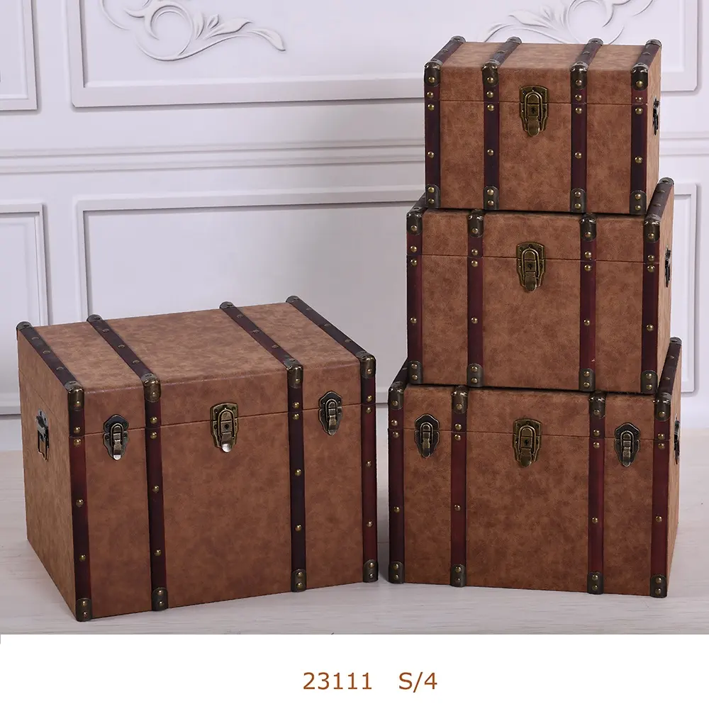 Cajas de almacenamiento para maletero de regalo, hechas a mano, multifunción, de madera, Vintage, con superficie de cuero PU, organizador de ropa de madera europeo rectangular