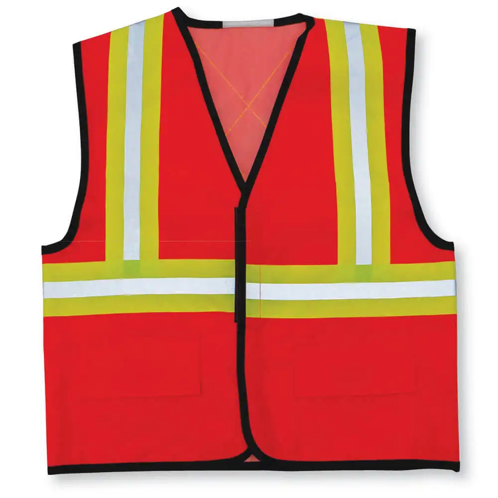 Yüksek kontrast güvenlik 5cm çizgili giyim fermuarlı ekonomik güvenlik yelek ile kırmızı yansıtıcı hi-vis iş kıyafeti