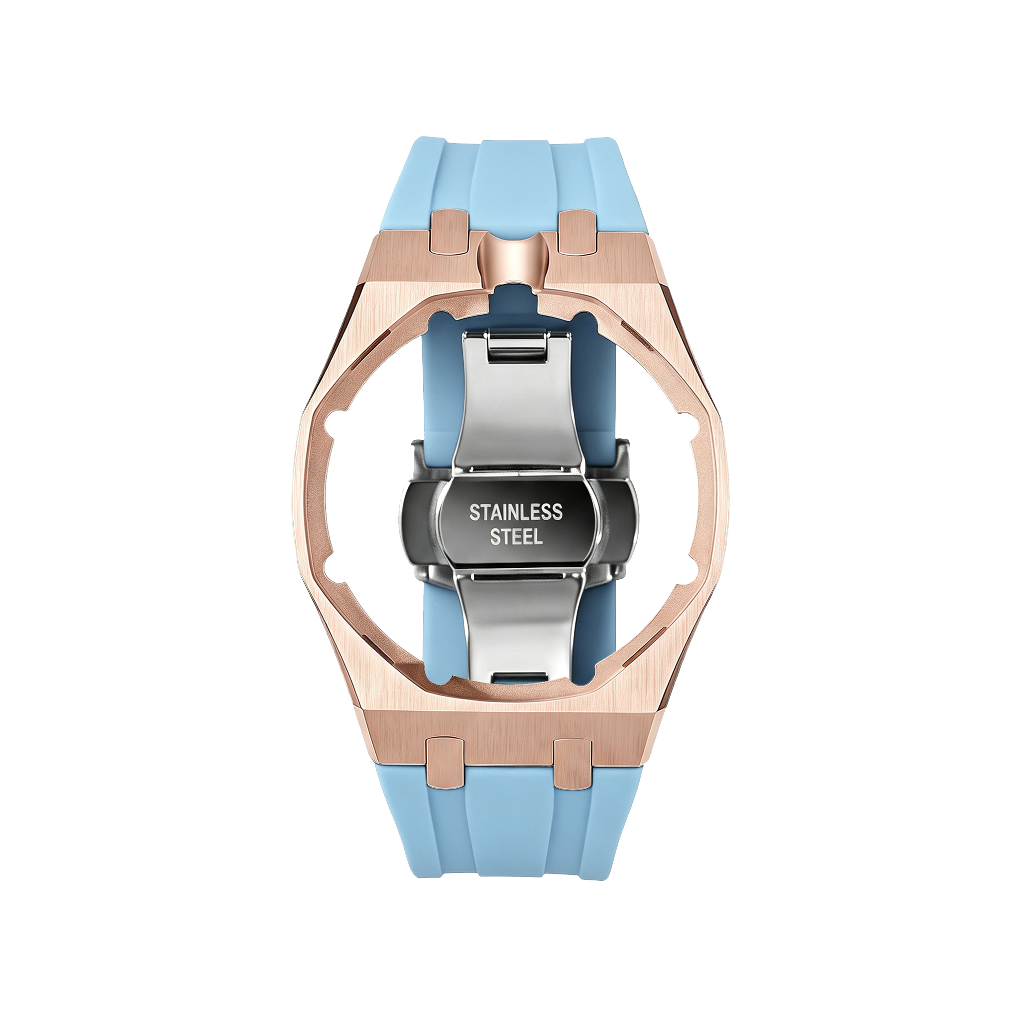 Boîtier en acier inoxydable or rose + bracelet en silicone bleu clair