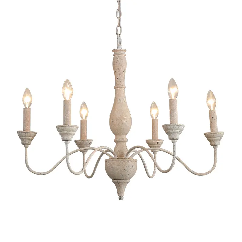 American Style White Retro Chandelier 6-Light Farmhouse French Country Handmade Wood Chandeliers