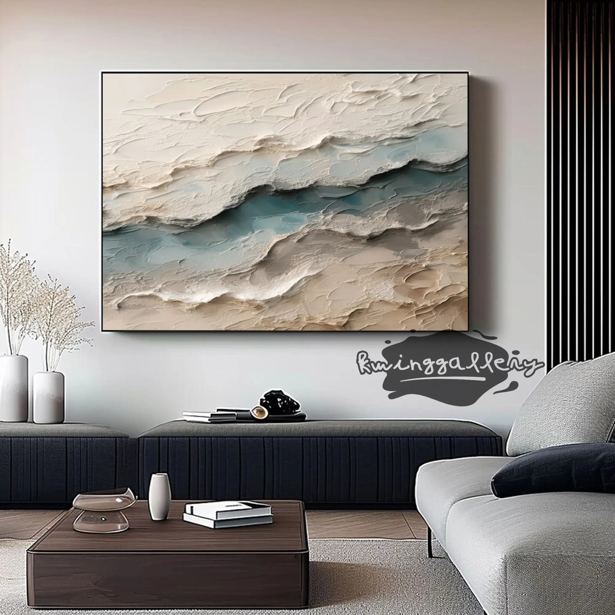 海の波の絵画3Dテクスチャアートオリジナルの青い海の波、白い黒い海の波の抽象的な壁モダンなリビングルームの装飾