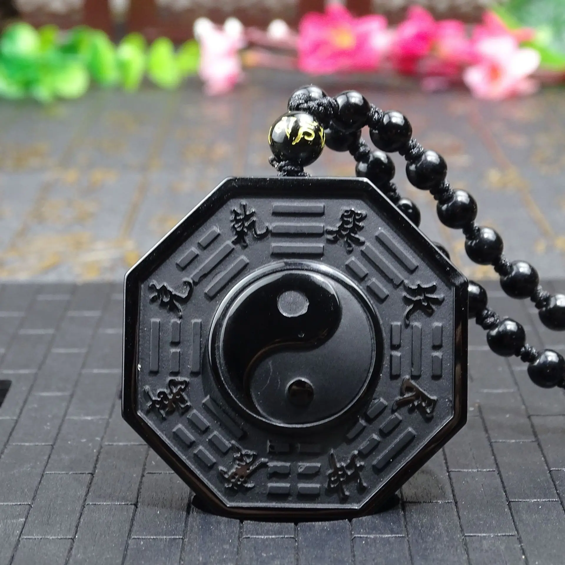 Colgante de obsidiana negra con piedra Natural tallada, collar chino de BAGUA con cuentas, cadena TaiJi Yin Yang, amuleto de la suerte, regalo de joyería