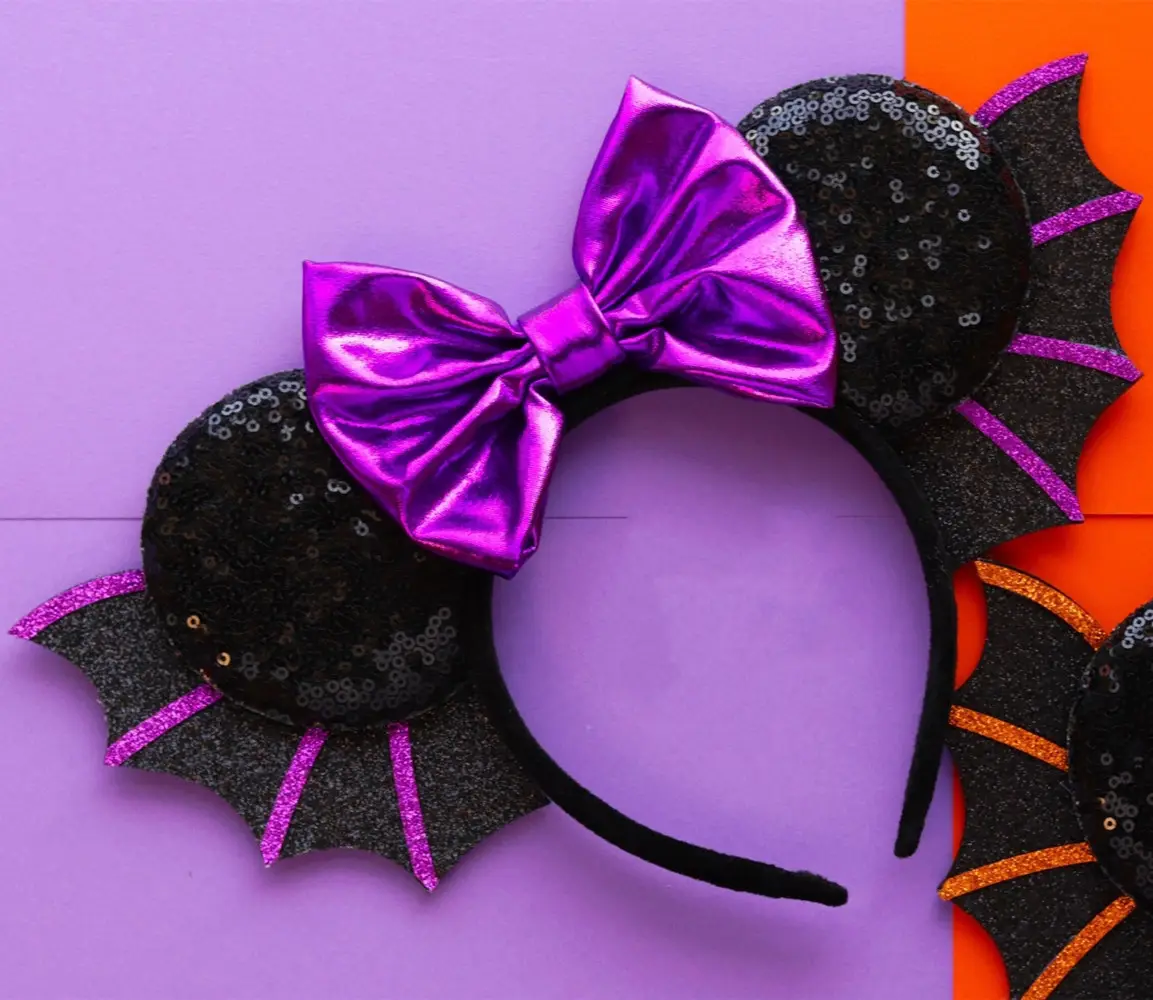 Diademas de Halloween con orejas de ratón, Diadema con lazo de lentejuelas, murciélago para niñas, decoración de Halloween, accesorios para el cabello para mujeres