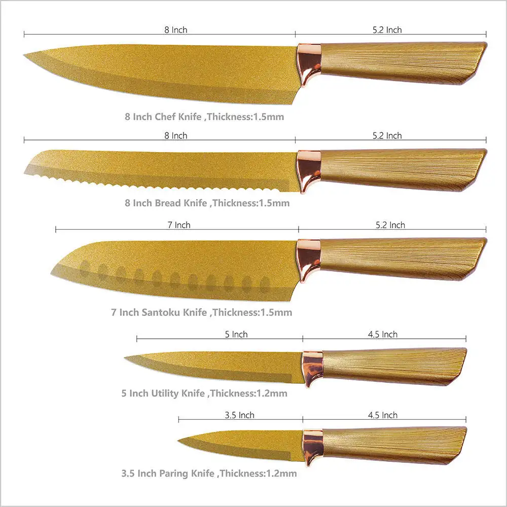 Juego de cuchillos de cocina de acero inoxidable con mango hueco de oro Popular de forja Premium 5 uds