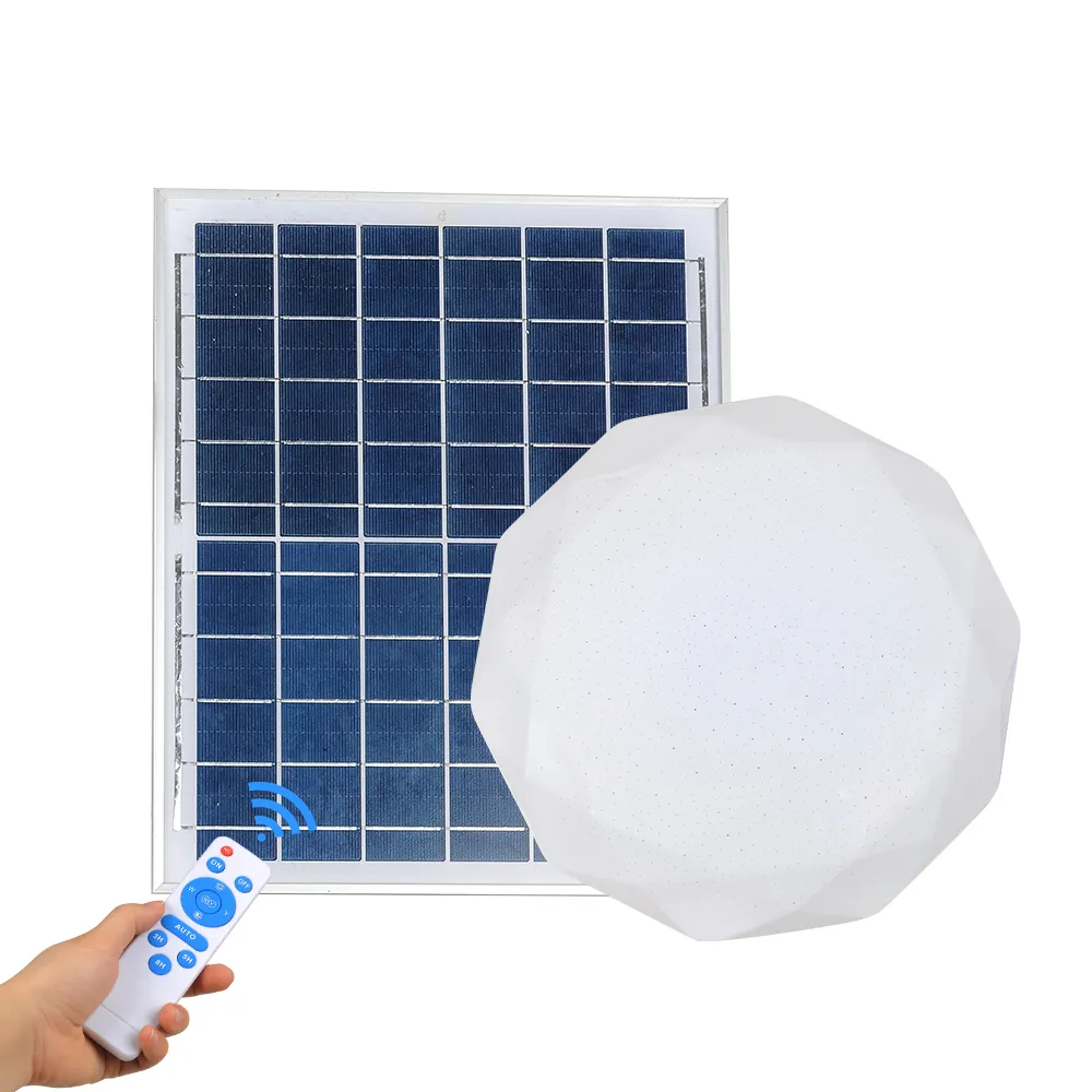 Plafonnier solaire Plafonnier à énergie solaire avec panneau Télécommande Rechargeable Intérieur Haute Efficacité Tricolore 30W LED 10