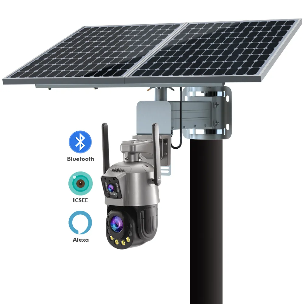 TecDeft iki yönlü ses güneş enerjili kamera 4g Sim kart Full HD çift Lens 8MP 4K uyarısı güneş kablosuz güvenlik kamerası sistemi