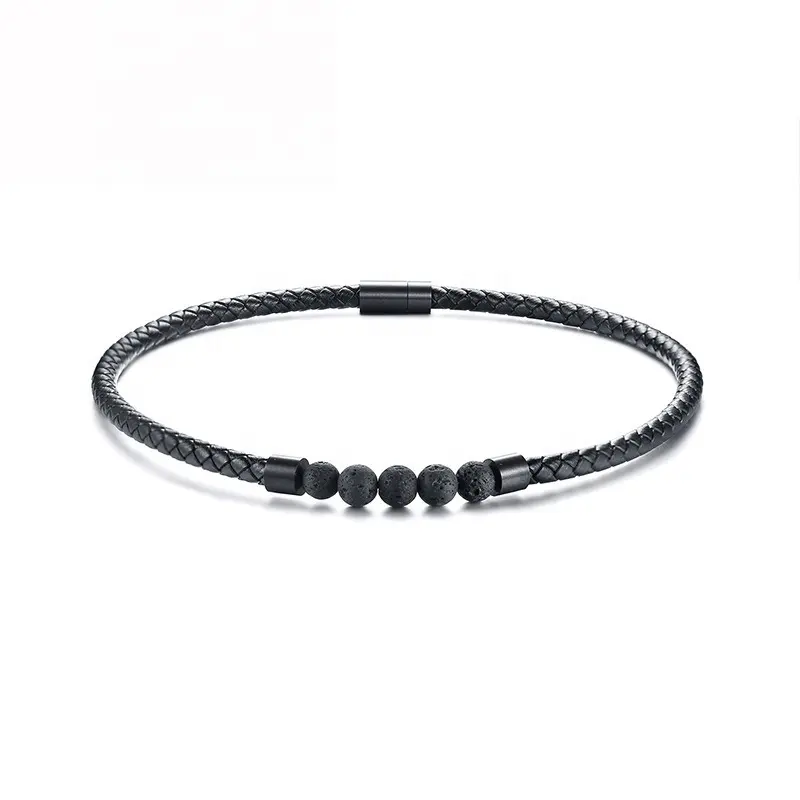 Black Plated Stainless Steel Magnetic Clasp Lava Stone Braided Cord Genuine Leather Necklace For Men