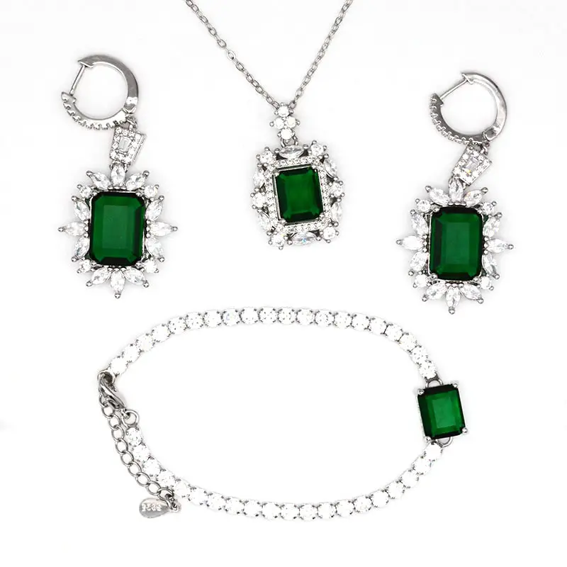 Dubai Bridal Earrings Bracelet Necklace Custom Tennis Jewelry Set Wedding Crystal Jewelry Set Emerald Color Female Jewellery