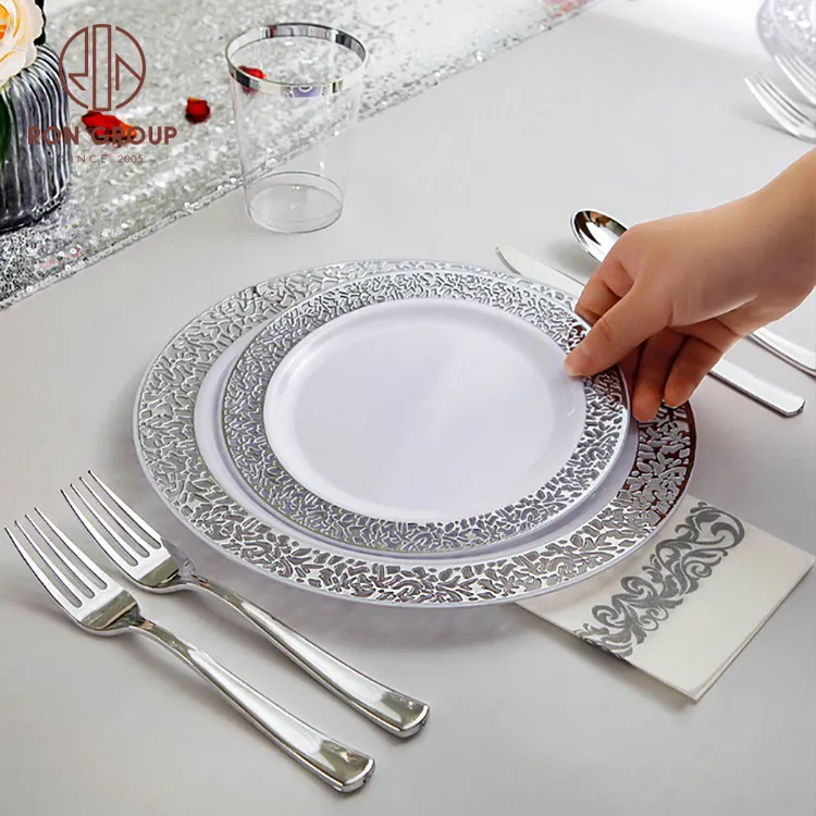 Vajilla Desechable de Platos de Plástico para Fiesta de Boda, Vajilla Elegante con Borde Plateado para Restaurante