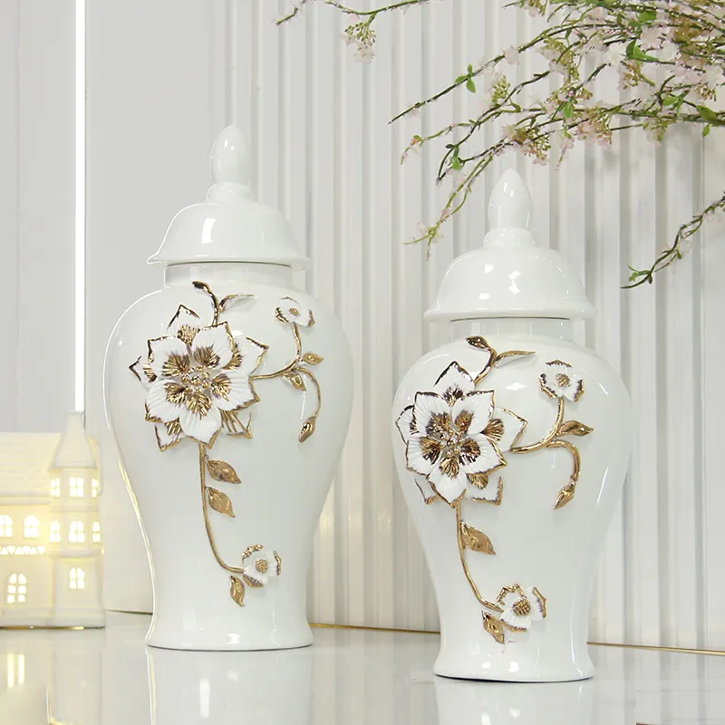 J284 barattolo di lusso bianco e oro chiaro allo zenzero set decorazione per la casa in ceramica artigianato vasi di fiori per il matrimonio