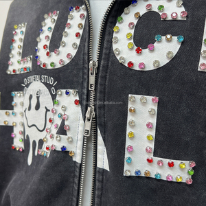 Qianshi güneş soluk çift yıkanmış Zip Hoodie Rhinestone bırak omuz Hoodie fransız Terry asit yıkama grafik fermuarlı kapüşonlu svetşört erkekler için - Product Image 4