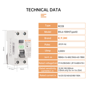 ETEK fabrika fiyat RCD RCCB 2P 10KA 40A 40A tip A RCCB artık akım devre kesici EKL6-100H - Product Image 3