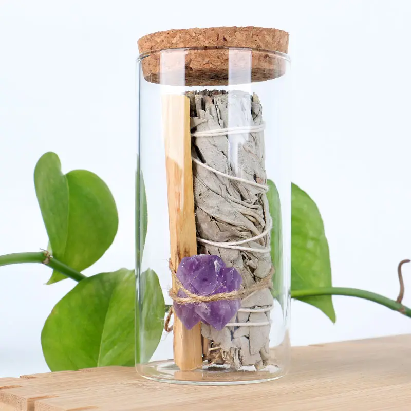 Venta al por mayor de botellas de cristal de salvia blanca y palo santo incienso con cristales utilizados para la curación de piedras y purificación