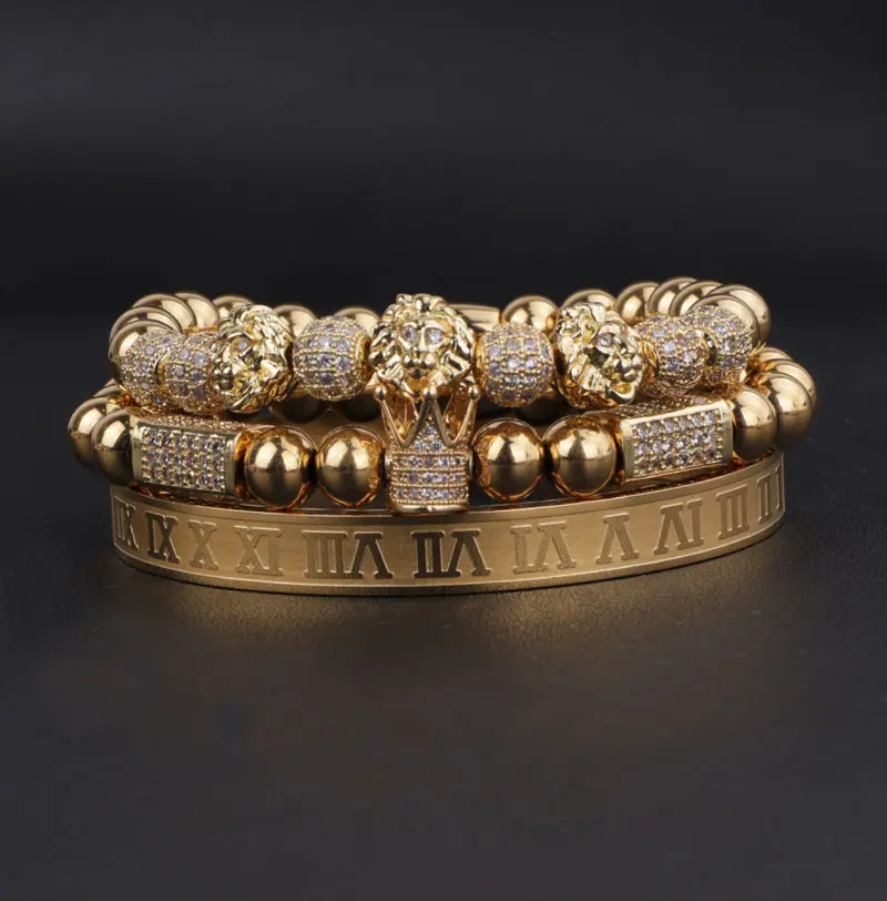 Jogo de pulseira cz dourada luxuosa, com coroa dourada de aço inoxidável numeral romano, pulseira personalizada, logotipo, elástico, conjunto de pulseira para homens e mulheres