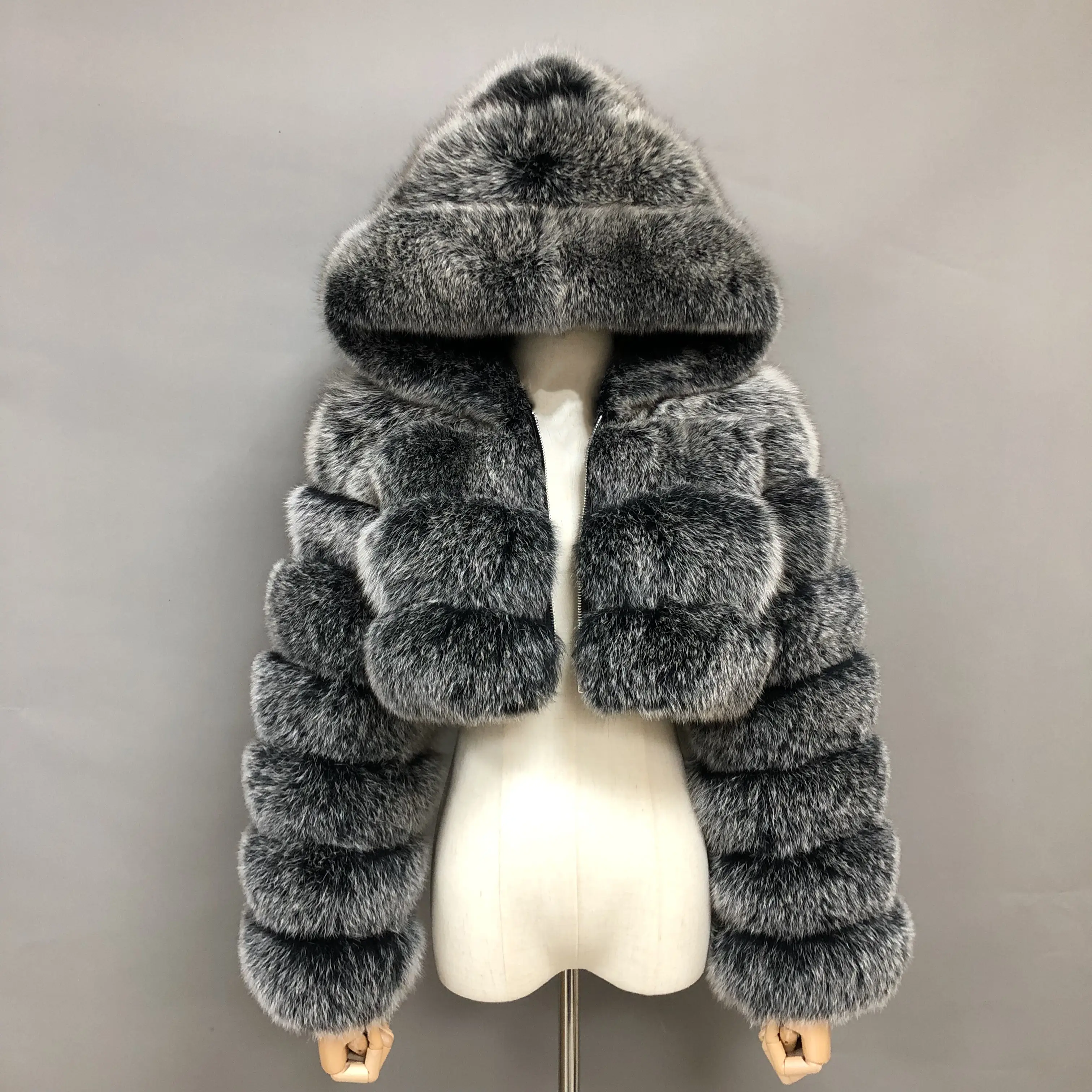 Mantel Crop Top Bulu Rubah Asli Mode Musim Dingin Jaket Bulu Hitam Wanita Lengan Panjang Hangat Tebal dengan Hoodie