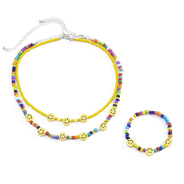 Yellow Round Smile Double-sided Bead Necklace Colorful Rice Bead Smiley Face Bracelet Fashion Simple Necklace Set